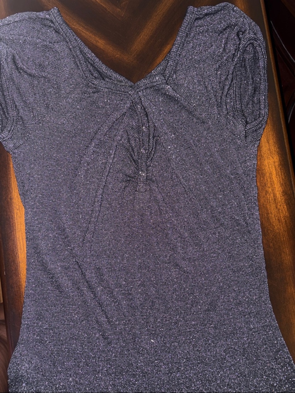 Express Shimmery Black Short Sleeve Ruched Front Top